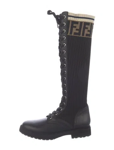 Pre-owned Fendi Zucca Ff Logo Graphic Print Lace-up Boots In Black