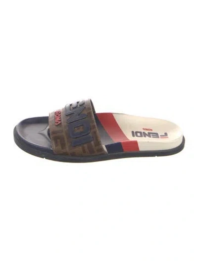 Pre-owned Fendi Zucca Ff Logo Graphic Print Slides In Brown