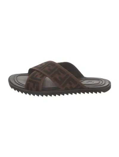 Pre-owned Fendi Zucca Ff Logo Graphic Print Slides In Brown