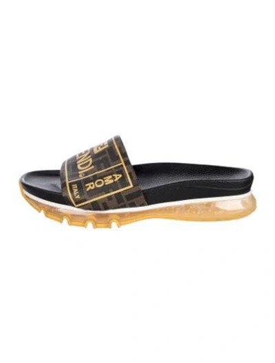 Pre-owned Fendi Zucca Ff Logo Graphic Print Slides In Brown