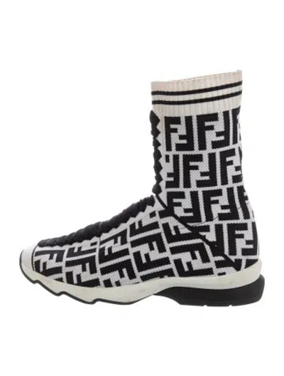 Pre-owned Fendi Zucca Ff Logo Graphic Print Sock Boots In Black/white