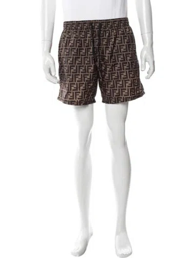 Pre-owned Fendi Zucca Ff Logo Graphic Print Swim Trunks In Brown