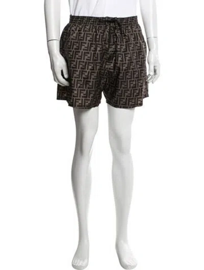Pre-owned Fendi Zucca Ff Logo Graphic Print Swim Trunks In Brown