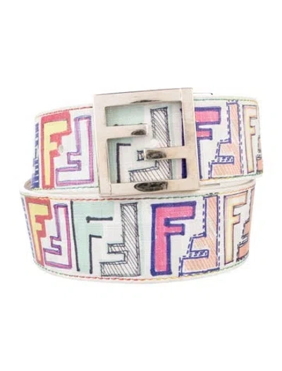 Pre-owned Fendi Zucca Ff Logo Leather Belt In White
