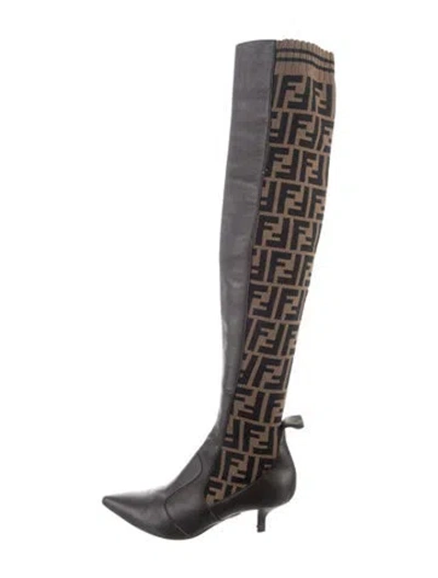 Pre-owned Fendi Zucca Ff Logo Leather Boots In Black