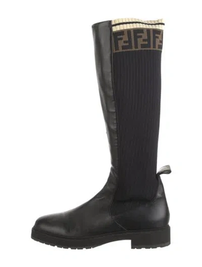 Pre-owned Fendi Zucca Ff Logo Leather Boots In Black