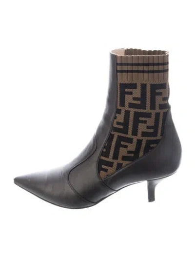 Pre-owned Fendi Zucca Ff Logo Leather Boots In Black