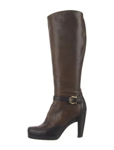 Pre-owned Fendi Zucca Ff Logo Leather Boots In Brown