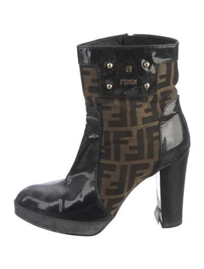 Pre-owned Fendi Zucca Ff Logo Leather Boots In Brown