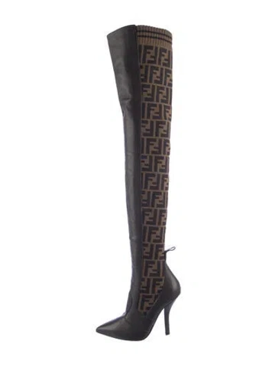 Pre-owned Fendi Zucca Ff Logo Leather Boots In Brown