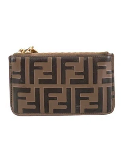 Pre-owned Fendi Zucca Ff Logo Leather Card Holder In Neutrals
