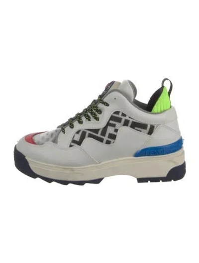 Pre-owned Fendi Zucca Ff Logo Leather Chunky Sneakers In Neutral