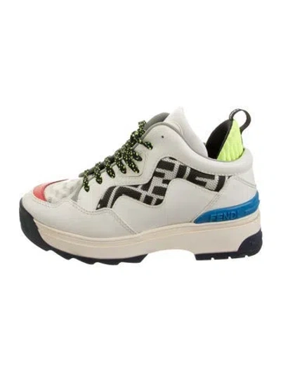 Pre-owned Fendi Zucca Ff Logo Leather Chunky Sneakers In White