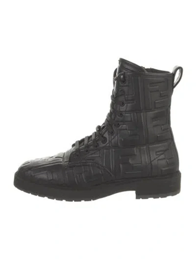Pre-owned Fendi Zucca Ff Logo Leather Combat Boots In Black