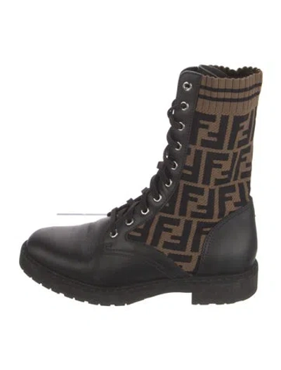 Pre-owned Fendi Zucca Ff Logo Leather Combat Boots In Black