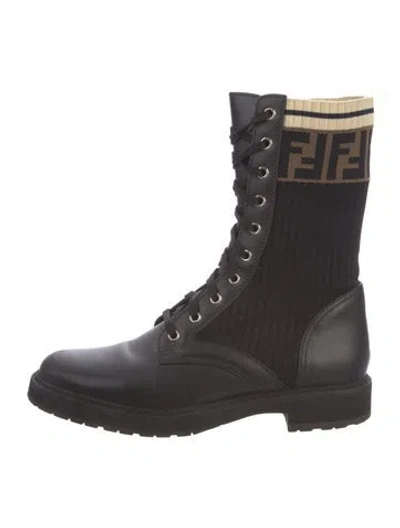 Pre-owned Fendi Zucca Ff Logo Leather Combat Boots In Black