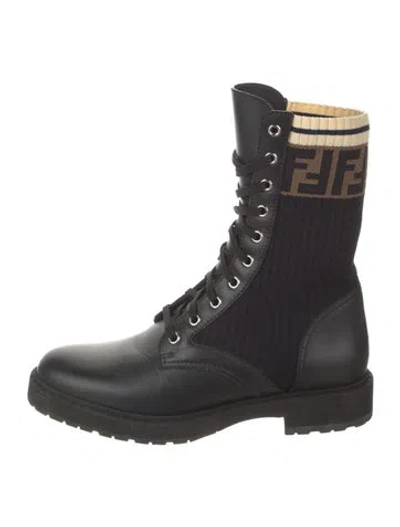 Pre-owned Fendi Zucca Ff Logo Leather Combat Boots In Black