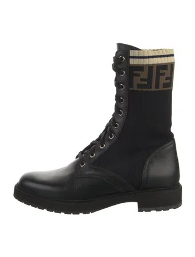 Pre-owned Fendi Zucca Ff Logo Leather Combat Boots In Black