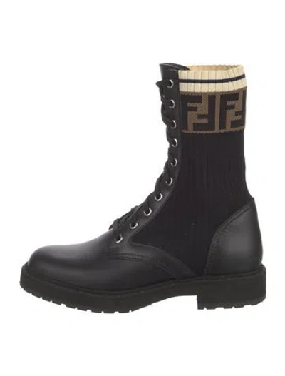 Pre-owned Fendi Zucca Ff Logo Leather Combat Boots In Black