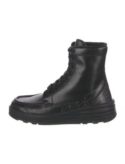 Pre-owned Fendi Zucca Ff Logo Leather Combat Boots In Black