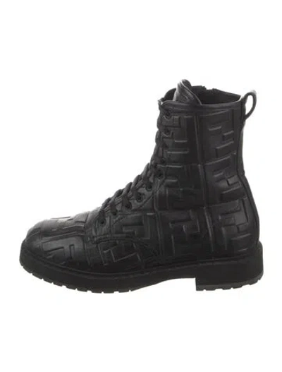 Pre-owned Fendi Zucca Ff Logo Leather Combat Boots In Black