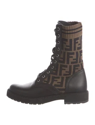 Pre-owned Fendi Zucca Ff Logo Leather Combat Boots In Black
