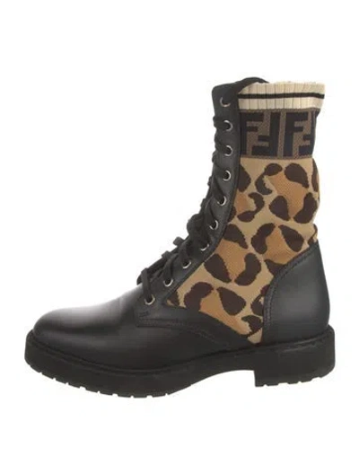 Pre-owned Fendi Zucca Ff Logo Leather Combat Boots In Black