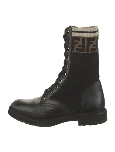 Pre-owned Fendi Zucca Ff Logo Leather Combat Boots In Black