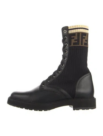 Pre-owned Fendi Zucca Ff Logo Leather Combat Boots In Black