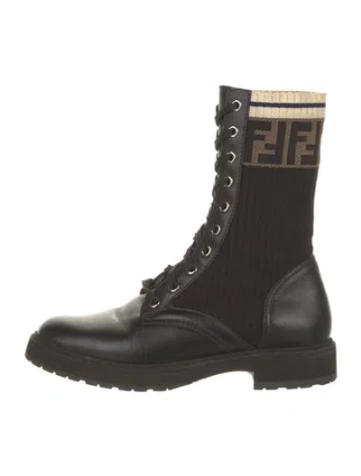 Pre-owned Fendi Zucca Ff Logo Leather Combat Boots In Black