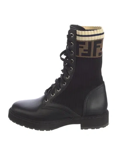 Pre-owned Fendi Zucca Ff Logo Leather Combat Boots In Black