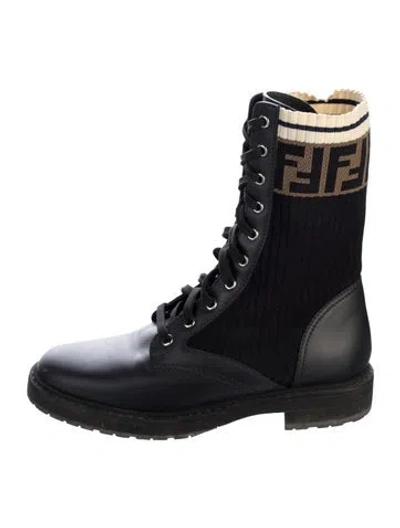 Pre-owned Fendi Zucca Ff Logo Leather Combat Boots In Black