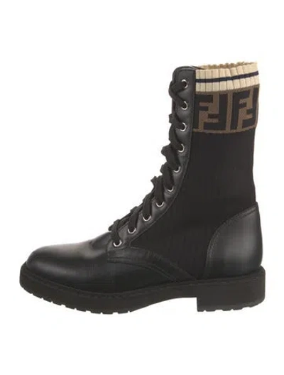 Pre-owned Fendi Zucca Ff Logo Leather Combat Boots In Black