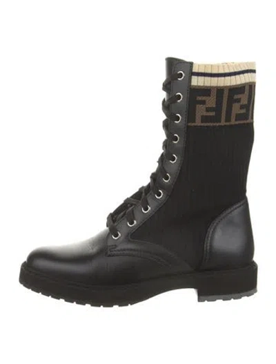 Pre-owned Fendi Zucca Ff Logo Leather Combat Boots In Black