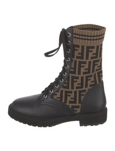 Pre-owned Fendi Zucca Ff Logo Leather Combat Boots In Black