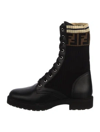 Pre-owned Fendi Zucca Ff Logo Leather Combat Boots In Black