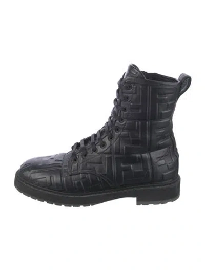 Pre-owned Fendi Zucca Ff Logo Leather Combat Boots In Black