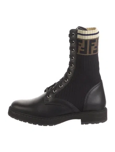 Pre-owned Fendi Zucca Ff Logo Leather Combat Boots In Black
