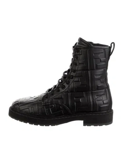 Pre-owned Fendi Zucca Ff Logo Leather Combat Boots In Black