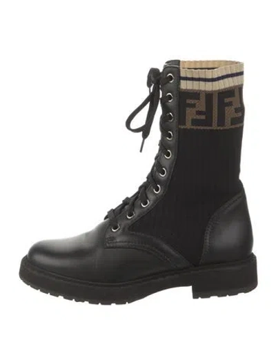 Pre-owned Fendi Zucca Ff Logo Leather Combat Boots In Black
