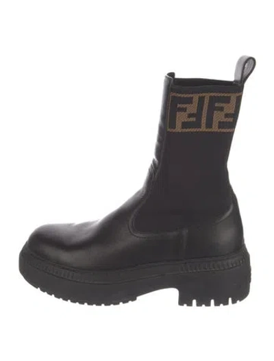 Pre-owned Fendi Zucca Ff Logo Leather Combat Boots In Black