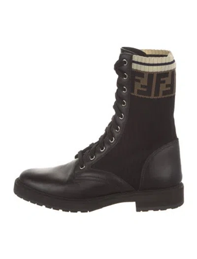 Pre-owned Fendi Zucca Ff Logo Leather Combat Boots In Black