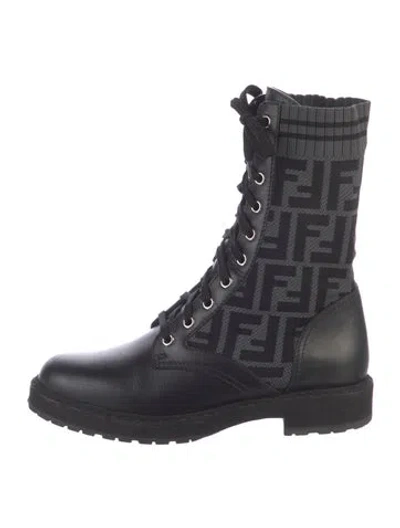 Pre-owned Fendi Zucca Ff Logo Leather Combat Boots In Black