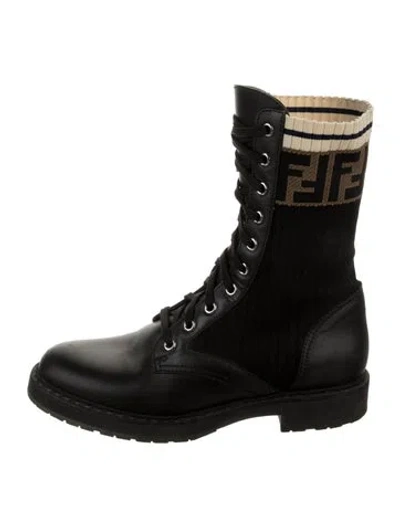 Pre-owned Fendi Zucca Ff Logo Leather Combat Boots In Black