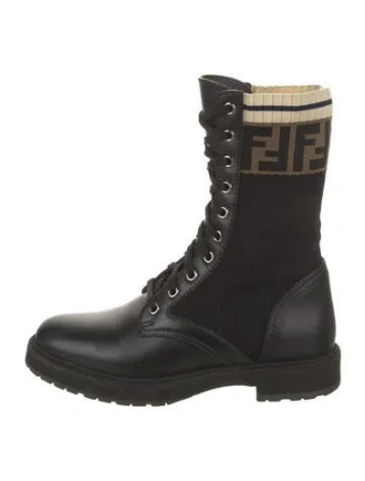 Pre-owned Fendi Zucca Ff Logo Leather Combat Boots In Black