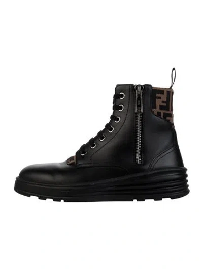 Pre-owned Fendi Zucca Ff Logo Leather Combat Boots In Black