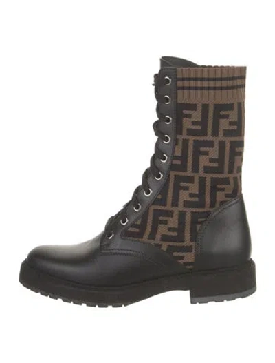 Pre-owned Fendi Zucca Ff Logo Leather Combat Boots In Black