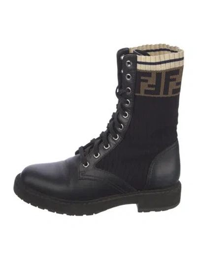 Pre-owned Fendi Zucca Ff Logo Leather Combat Boots In Black