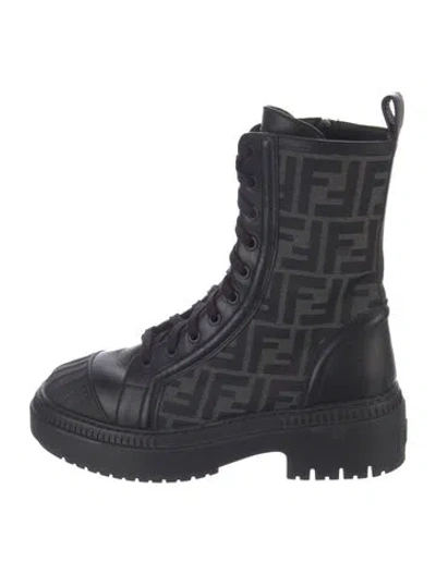 Pre-owned Fendi Zucca Ff Logo Leather Combat Boots In Black