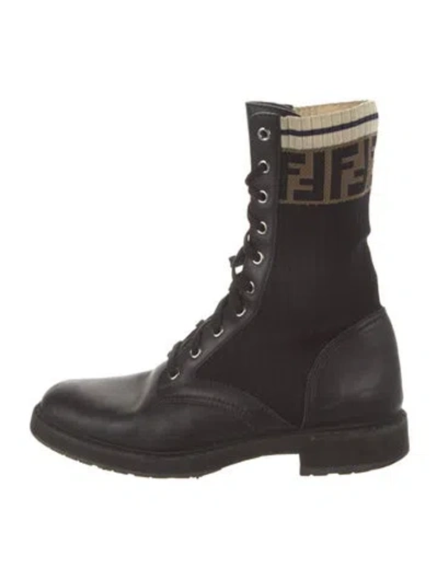 Pre-owned Fendi Zucca Ff Logo Leather Combat Boots In Black